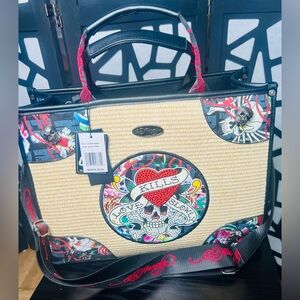 Ed Hardy convertible Straw Tote Love Kills Slowly Graphics w/Rhinestone Skulls.